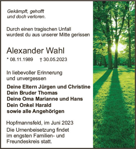 Traueranzeige von Alexander Wahl von VRM Trauer