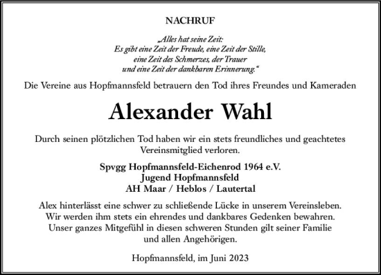 Traueranzeige von Alexander Wahl von VRM Trauer
