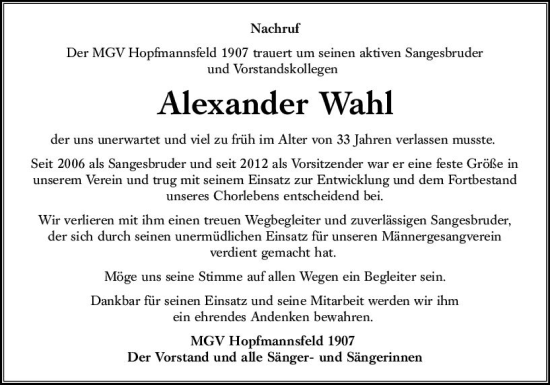Traueranzeige von Alexander Wahl von VRM Trauer