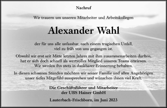 Traueranzeige von Alexander Wahl von VRM Trauer