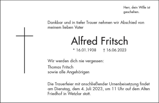 Traueranzeige von Alfred Fritsch von Wetzlarer Neue Zeitung