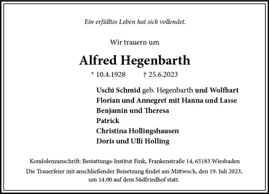 Traueranzeige von Alfred Hegenbarth von Wiesbadener Kurier