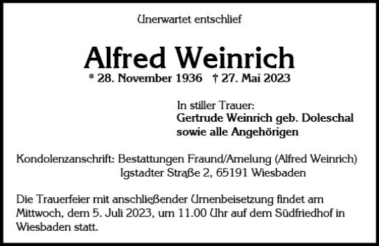 Traueranzeige von Alfred Weinrich von Wiesbadener Kurier
