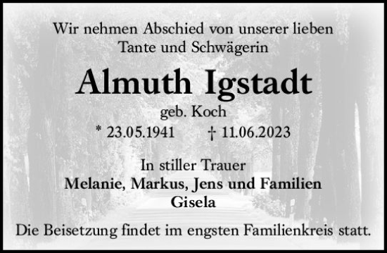 Traueranzeige von Almuth Igstadt von Wiesbadener Kurier
