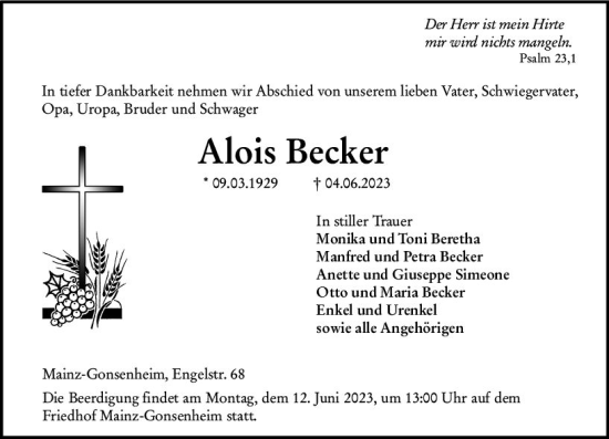 Traueranzeige von Alois Becker von Allgemeine Zeitung Mainz