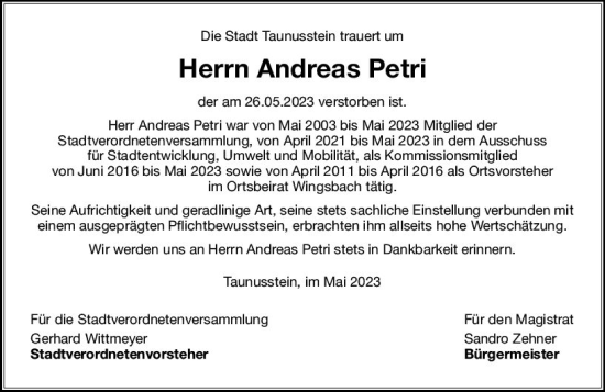 Traueranzeige von Andreas Petri von Idsteiner Land/Untertaunus
