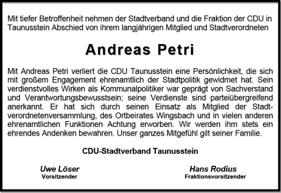Traueranzeige von Andreas Petri von Idsteiner Land/Untertaunus