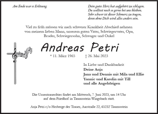 Traueranzeige von Andreas Petri von Wiesbadener Kurier