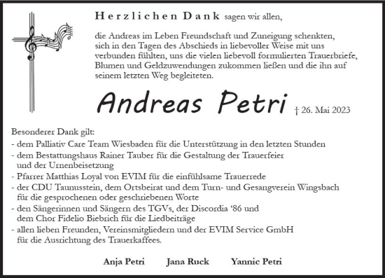 Traueranzeige von Andreas Petri von Wiesbadener Kurier
