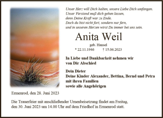 Traueranzeige von Anita Weil von VRM Trauer