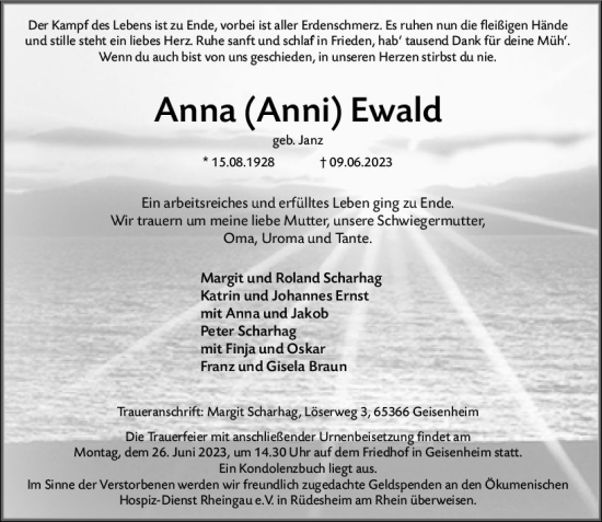 Traueranzeige von Anna Ewald von Rheingau Kurier