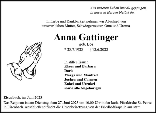 Traueranzeige von Anna Gattinger von Camberger Anzeiger