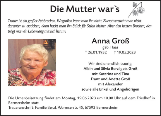 Traueranzeige von Anna Groß von Allgemeine Zeitung Mainz