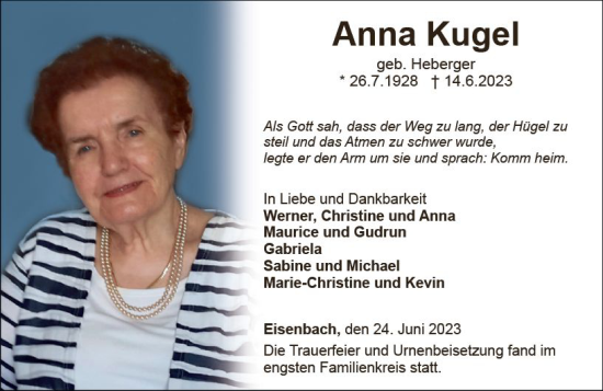 Traueranzeige von Anna Kugel von Nassauische Neue Presse