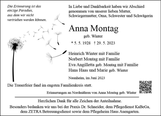 Traueranzeige von Anna Montag von Wetzlarer Neue Zeitung