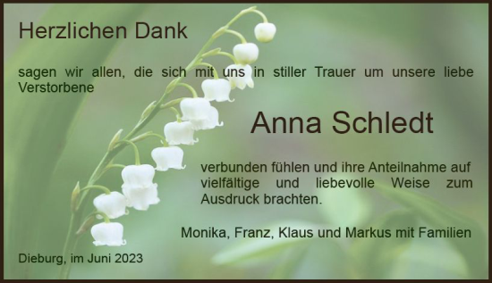 Traueranzeige von Anna Schledt von Dieburger Anzeiger/Groß-Zimmerner Lokal-Anzeiger