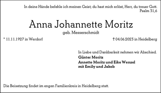 Traueranzeige von Anna Johannette Moritz von Wetzlarer Neue Zeitung