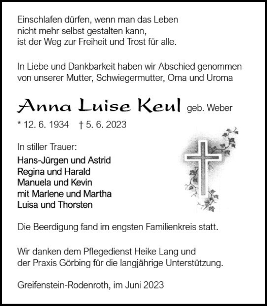 Traueranzeige von Anna Luise Keul von Wetzlarer Neue Zeitung