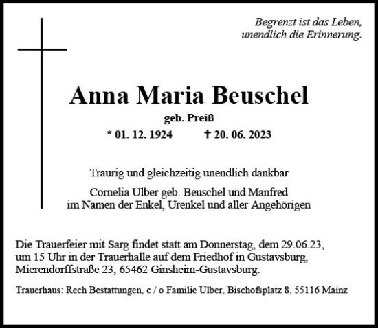 Traueranzeige von Anna Maria Beuschel von Allgemeine Zeitung Mainz