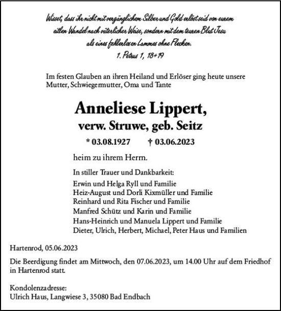 Traueranzeige von Anneliese Lippert von Hinterländer Anzeiger