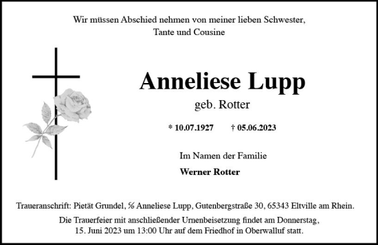 Traueranzeige von Anneliese Lupp von Wiesbadener Kurier