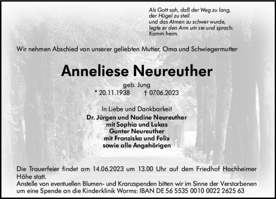 Traueranzeige von Anneliese Neureuther von Wormser Zeitung