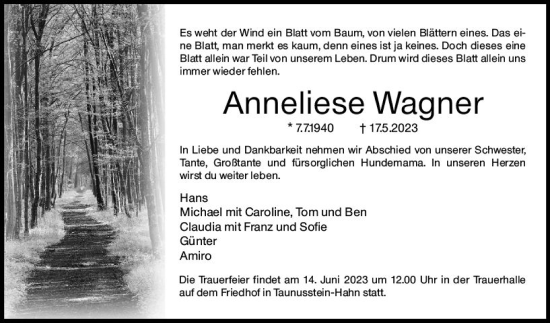 Traueranzeige von Anneliese Wagner von Wiesbadener Kurier