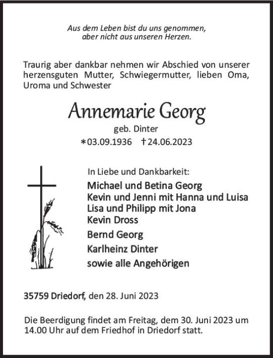 Traueranzeige von Annemarie Georg von Dill Block