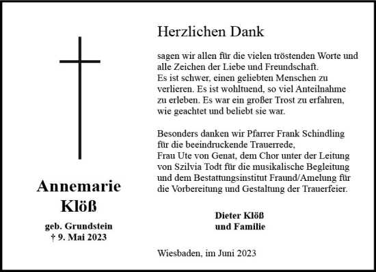 Traueranzeige von Annemarie Klöß von Wiesbadener Kurier