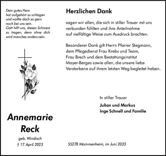 Traueranzeige von Annemarie Reck von Allgemeine Zeitung Mainz