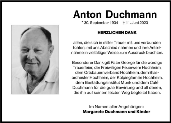 Traueranzeige von Anton Duchmann von Hochheimer Zeitung