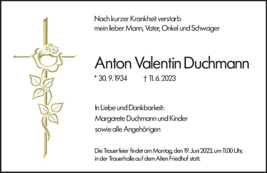 Traueranzeige von Anton Valentin Duchmann von Hochheimer Zeitung