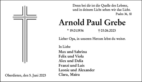 Traueranzeige von Arnold Paul Grebe von Hinterländer Anzeiger