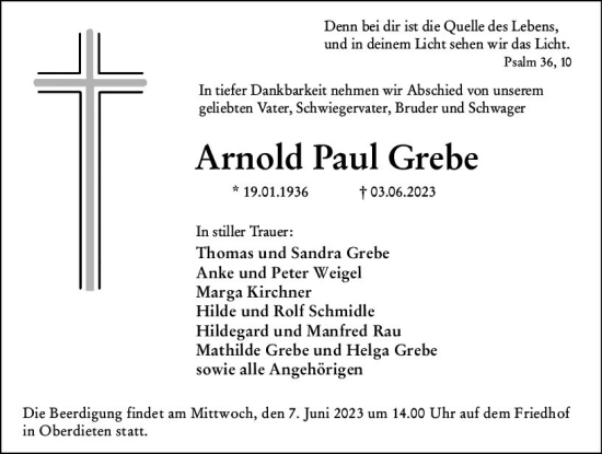 Traueranzeige von Arnold Paul Grebe von Hinterländer Anzeiger