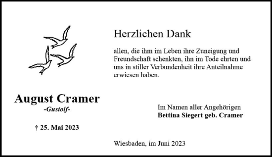 Traueranzeige von August Cramer von Wiesbadener Kurier