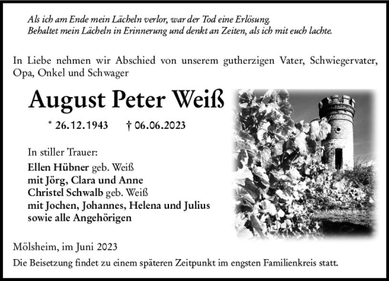 Traueranzeige von August Peter Weiß von Wormser Zeitung