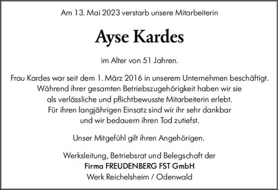 Traueranzeige von Ayse Kardes von Odenwälder Echo