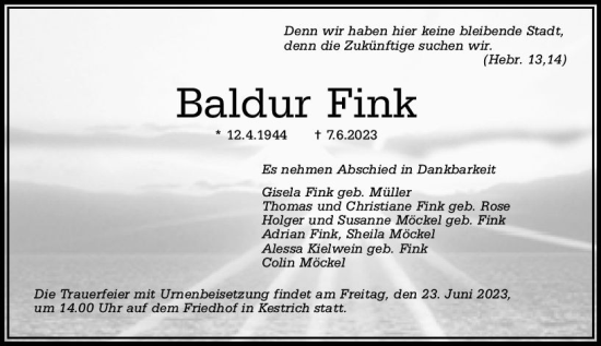 Traueranzeige von Baldur Fink von VRM Trauer