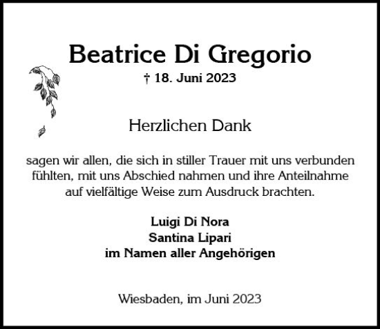 Traueranzeige von Beatrice Di Gregorio von Wiesbadener Kurier