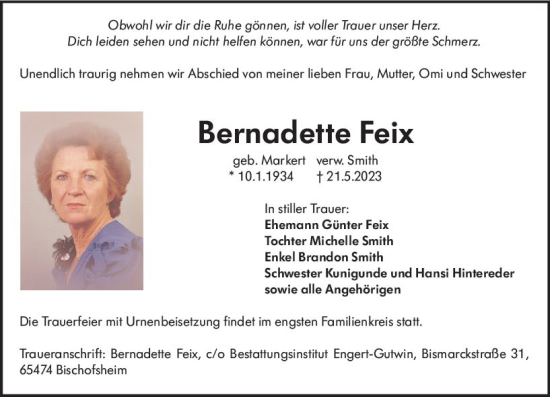 Traueranzeige von Bernadette Feix von Allgemeine Zeitung Mainz