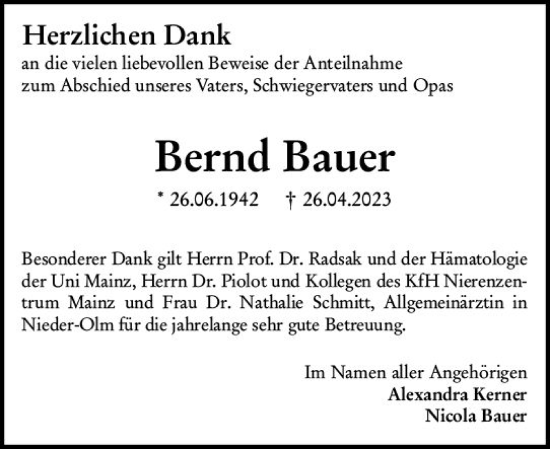 Traueranzeige von Bernd Bauer von Allgemeine Zeitung Mainz