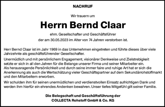 Traueranzeige von Bernd Claar von Wiesbadener Kurier