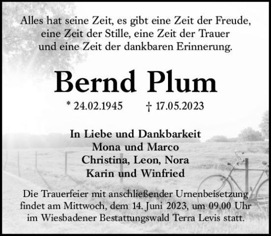 Traueranzeige von Bernd Plum von Wiesbadener Kurier
