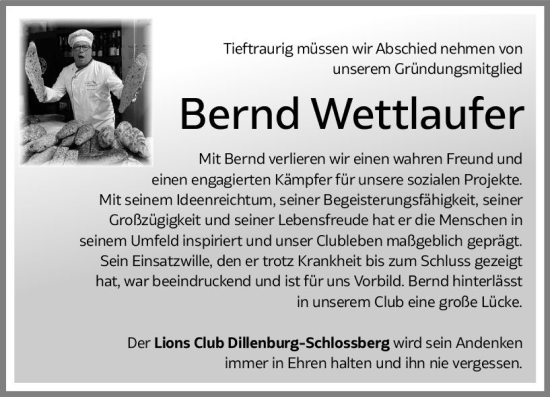 Traueranzeige von Bernd Wettlaufer von Dill Block