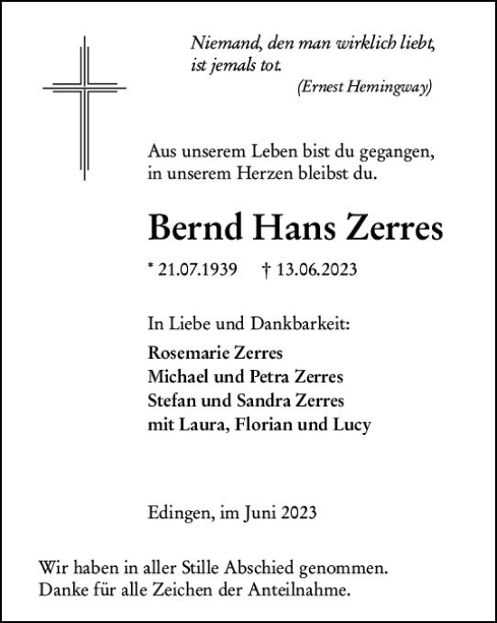 Traueranzeige von Bernd Hans Zerres von Dill Block