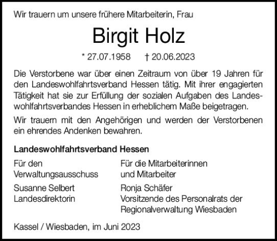 Traueranzeige von Birgit Holz von Wiesbadener Kurier