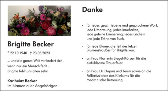 Traueranzeige von Brigitte Becker von Wormser Zeitung