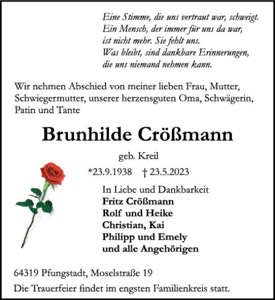 Traueranzeige von Brunhilde Crößmann von Darmstädter Echo