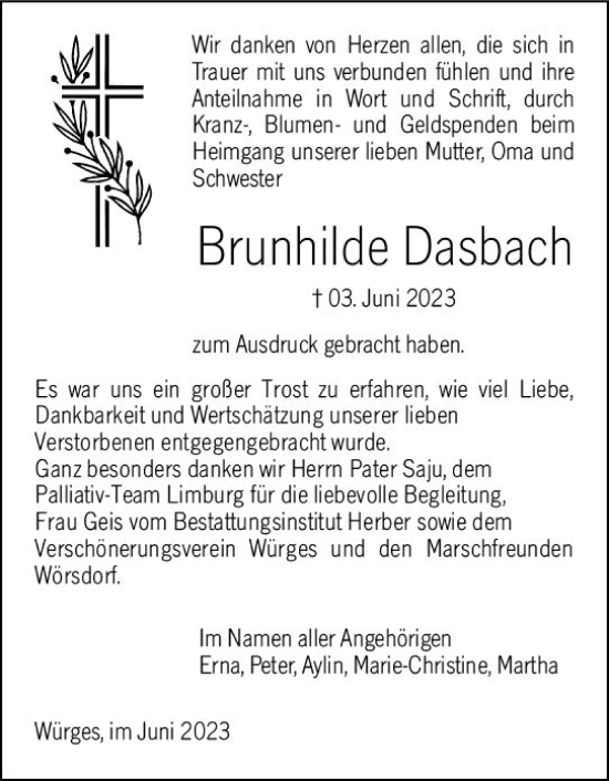 Traueranzeige von Brunhilde Dasbach von Camberger Anzeiger