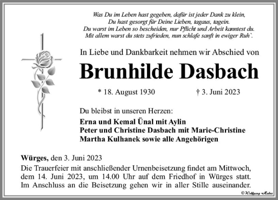 Traueranzeige von Brunhilde Dasbach von Camberger Anzeiger